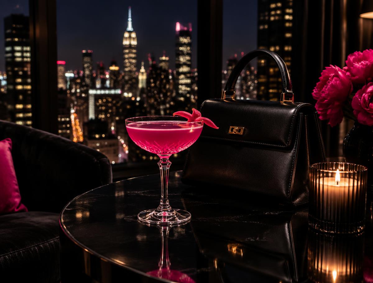 Pink cocktail and black handbag overlooking the city at night